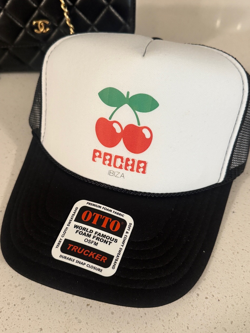 PACHA *AUTHENTIC* Black & White Trucker Hat with Red Logo Pacha NYC IBIZA